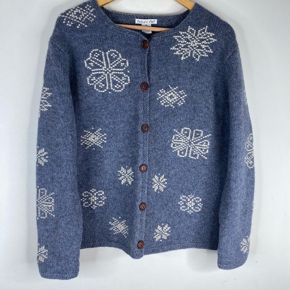 Vintage Eagle's Eye Wool Cardigan Sweater XL Snowflake Winter Cozy Fisherman - Picture 1 of 10
